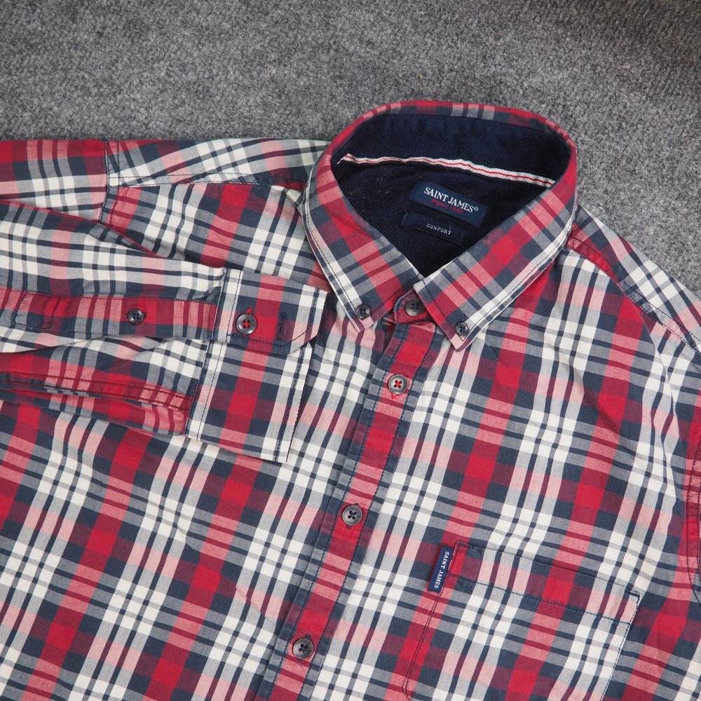 Saint James Shirt Mens XL Confort Red Blue Plaid Long Sleeve Button Up